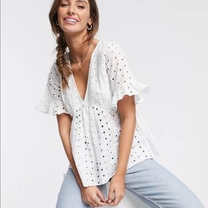 Broderie smock top with fluted sleeve